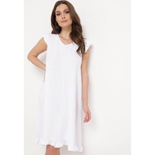 Biała Sukienka Trapezowa Midi z Falbanką Bez Rękawów Neoliana ze sklepu Born2be Odzież w kategorii Sukienki - zdjęcie 169879728