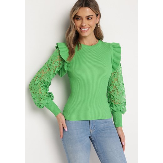 Zielony Sweter z Koronką i Bufiastym Rękawem Aelertes ze sklepu Born2be Odzież w kategorii Swetry damskie - zdjęcie 169879887