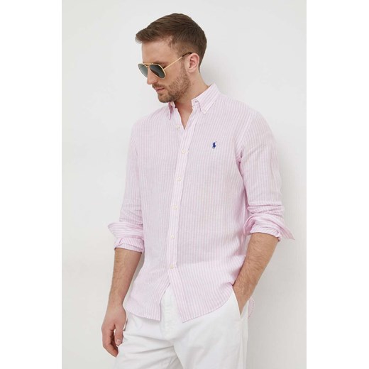 Polo Ralph Lauren koszula lniana kolor różowy regular z kołnierzykiem button-down 710873446 ze sklepu ANSWEAR.com w kategorii Koszule męskie - zdjęcie 169887068