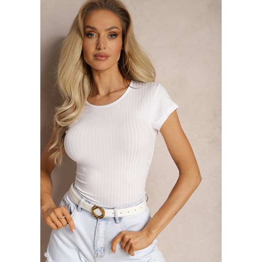 Biały T-shirt Prążkowany o Dopasowanym Kroju z Marszczeniami Hermioa ze sklepu Renee odzież w kategorii Bluzki damskie - zdjęcie 169892178