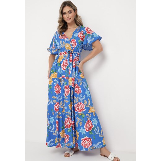 Niebieska Sukienka Maxi z Gumką w Talii z Szerokimi Rękawami i Kwiatowym Printem Nodriala ze sklepu Born2be Odzież w kategorii Sukienki - zdjęcie 169892357