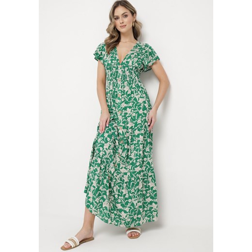 Zielona Sukienka Maxi w Kwiaty z Falowanymi Rękawkami i Gumką w Talii Mulanitti ze sklepu Born2be Odzież w kategorii Sukienki - zdjęcie 169892367