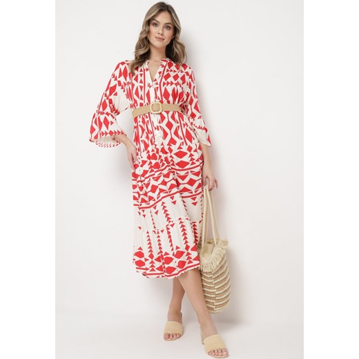 Czerwono-Beżowa Sukienka Midi Rozkloszowana w Geometryczny Wzór z Falbanką na Rękawach Merdisavia ze sklepu Born2be Odzież w kategorii Sukienki - zdjęcie 169892439