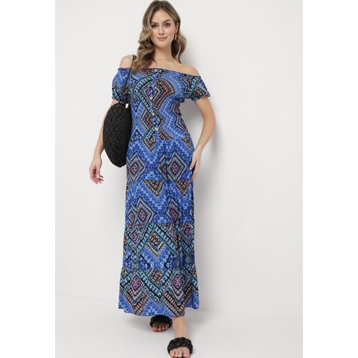 Niebieska Bawełniana Sukienka Hiszpanka w Etno Wzór z Gumką w Pasie Kinetha ze sklepu Born2be Odzież w kategorii Sukienki - zdjęcie 169892955