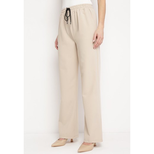 Beżowe Spodnie z Marszczoną Gumką w Talii i Prostymi Nogawkami Bwinara ze sklepu Born2be Odzież w kategorii Spodnie damskie - zdjęcie 169893308