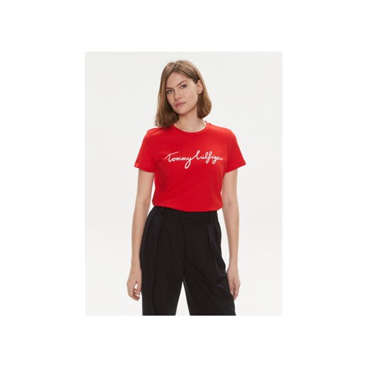 Tommy Hilfiger T-Shirt Signature WW0WW41674 Czerwony Regular Fit ze sklepu MODIVO w kategorii Bluzki damskie - zdjęcie 169896387