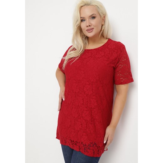 Czerwona Koronkowa Bluzka z Krótkim Rękawem Eristina ze sklepu Born2be Odzież w kategorii Bluzki damskie - zdjęcie 169936568