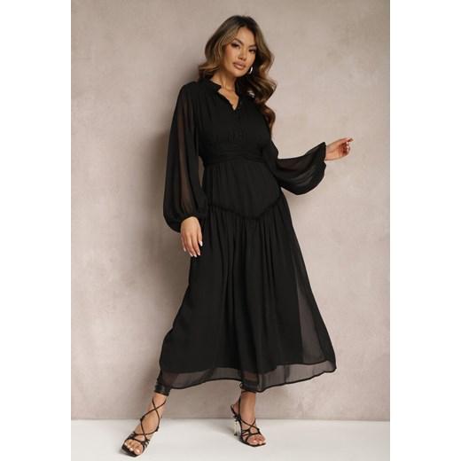Czarna Elegancka Sukienka w Stylu Vintage z Powlekanymi Guzikami i Marszczeniami Lefandia ze sklepu Renee odzież w kategorii Sukienki - zdjęcie 169937298