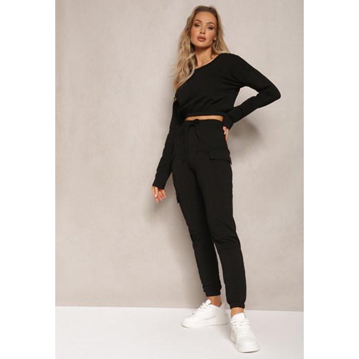 Czarny Komplet Dresowy Bluza Cropped i Spodnie z Kieszeniami Cargo Xerlesa ze sklepu Renee odzież w kategorii Dresy damskie - zdjęcie 169971208