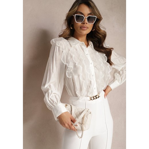 Biała Koszula z Wiskozy Ozdobiona Transparentną Siateczką Slarria ze sklepu Renee odzież w kategorii Koszule damskie - zdjęcie 169971325