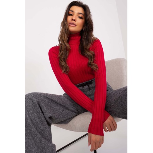 Czerwony dopasowany sweter damski prążkowany z golfem ze sklepu 5.10.15 w kategorii Swetry damskie - zdjęcie 169994458
