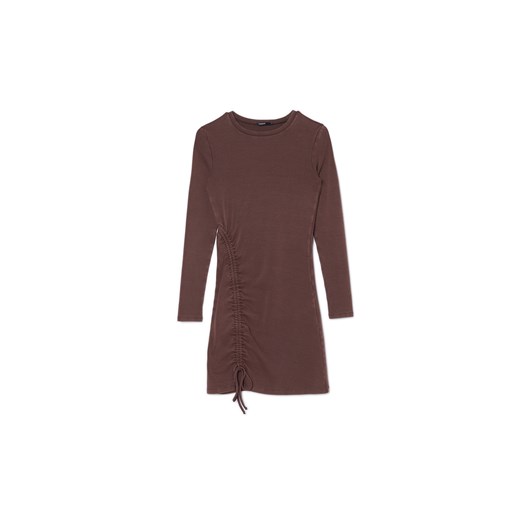 Cropp - Brązowa sukienka mini z marszczeniem - brązowy ze sklepu Cropp w kategorii Sukienki - zdjęcie 170001427