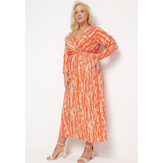 Pomarańczowa Sukienka z Paskiem w Talii i Etnicznym Motywem Celestrria ze sklepu Born2be Odzież w kategorii Sukienki - zdjęcie 170004649