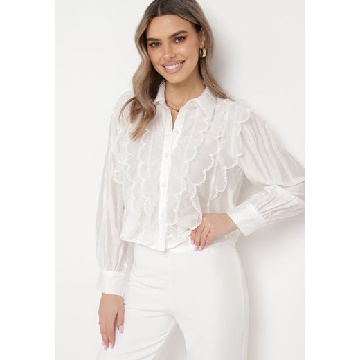 Biała Wiskozowa Koszula z Transparentnym Żabotem Soepe ze sklepu Born2be Odzież w kategorii Koszule damskie - zdjęcie 170005506