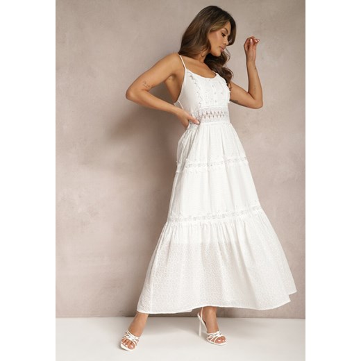 Biała Sukienka Maxi na Cienkich Ramiączkach z Ażurową Wstawką w Talii Grania ze sklepu Renee odzież w kategorii Sukienki - zdjęcie 170006875