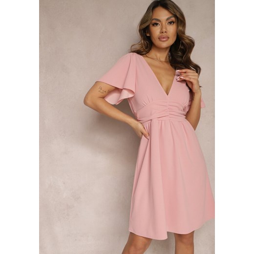 Różowa Sukienka z Rozkloszowanym Dołem i Ozdobnymi Przeszyciami Celarsa ze sklepu Renee odzież w kategorii Sukienki - zdjęcie 170006905