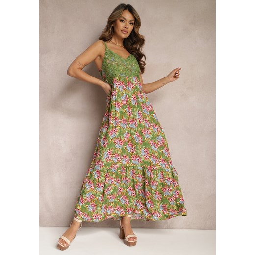 Ciemnozielona Rozkloszowana Sukienka Maxi z Wiskozy w Kwiatowy Print na Ramiączkach Roisintia ze sklepu Renee odzież w kategorii Sukienki - zdjęcie 170007025
