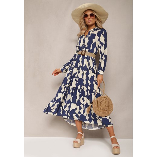 Beżowo-Granatowa Sukienka Maxi w Geometryczny Wzór Qerida ze sklepu Renee odzież w kategorii Sukienki - zdjęcie 170020356