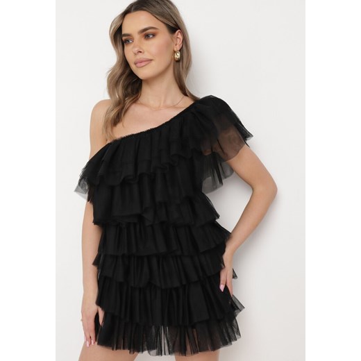 Czarna Sukienka Mini na Jedno Ramię Asymetryczna z Falbankami Nomenta ze sklepu Born2be Odzież w kategorii Sukienki - zdjęcie 170060258