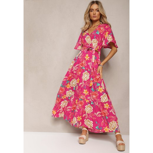 Różowa Sukienka z Kopertowym Dekoltem i Falbanką Ozdobiona Kwiatowym Motywem Nisavela ze sklepu Renee odzież w kategorii Sukienki - zdjęcie 170068479