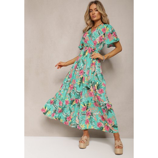 Zielona Sukienka na Lato Maxi w Kwiaty z Gumką i Wiązanym Paskiem w Talii Uveilla ze sklepu Renee odzież w kategorii Sukienki - zdjęcie 170068489