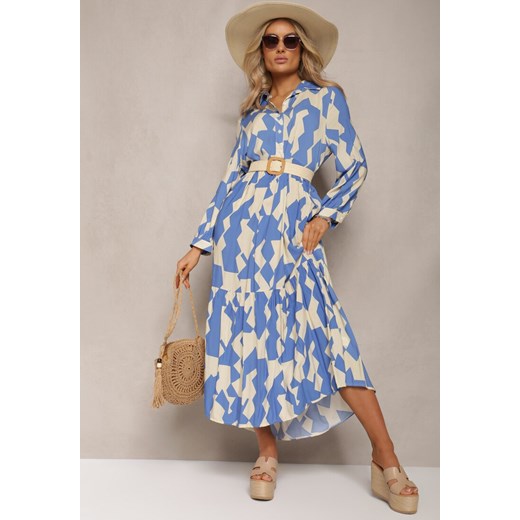 Niebiesko-Beżowa Koszulowa Sukienka Maxi w Geometryczny Wzór Qerida ze sklepu Renee odzież w kategorii Sukienki - zdjęcie 170068549