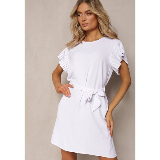 Biała Mini Sukienka Rozkloszowana ze Zdobionym Rękawem i Materiałowym Paskiem Ajemia ze sklepu Renee odzież w kategorii Sukienki - zdjęcie 170109696