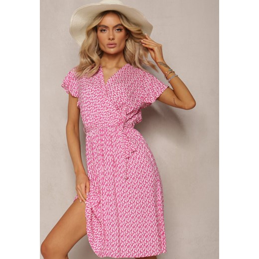 Różowa Sukienka z Kopertowym Dekoltem Wiązana w Talii z Wiskozy Acara ze sklepu Renee odzież w kategorii Sukienki - zdjęcie 170109756