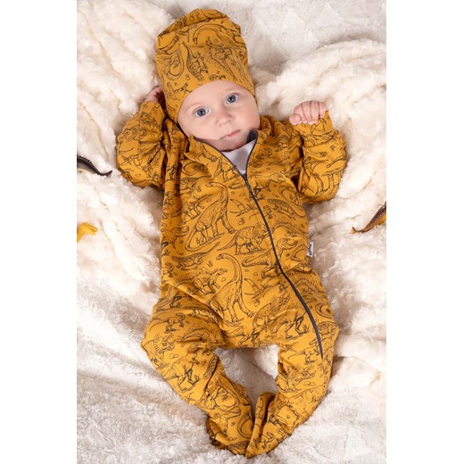 Dzianinowy pajac niemowlęcy dresowy musztardowy w dinozaury ze sklepu 5.10.15 w kategorii Pajacyki - zdjęcie 170111566