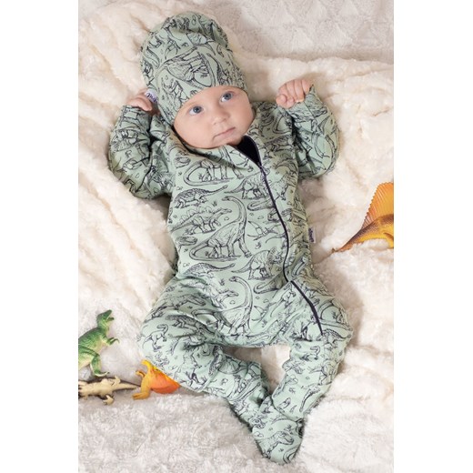 Dzianinowy pajac niemowlęcy dresowy oliwkowy w dinozaury ze sklepu 5.10.15 w kategorii Pajacyki - zdjęcie 170111635