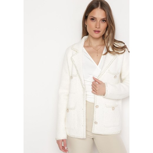Biały Kardigan Wiskozowy Ozdobiony Złotą Nicią Eontta ze sklepu Born2be Odzież w kategorii Swetry damskie - zdjęcie 170126005