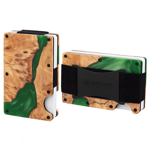 Aluminiowe etui z gumką na karty zbliżeniowe RFID (drewno + zielona żywica) ze sklepu Koruma ID Protection w kategorii Etui - zdjęcie 170126556