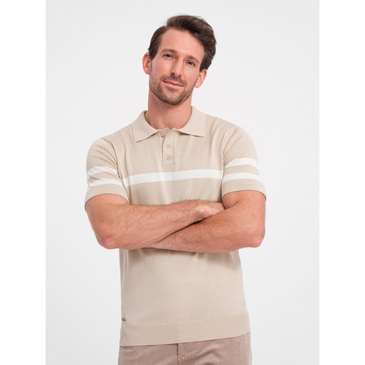 Męska koszulka polo z miękkiej dzianiny z kontrastowymi pasami - beżowa V4 OM-POSS-0118 ze sklepu ombre w kategorii T-shirty męskie - zdjęcie 170128336