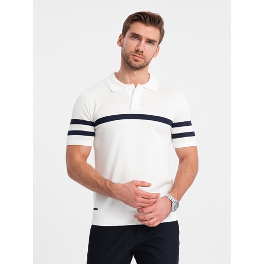 Koszulka męska polo z miękkiej dzianiny z kontrastowymi pasami - biała V1 OM-POSS-0118 ze sklepu ombre w kategorii T-shirty męskie - zdjęcie 170128376