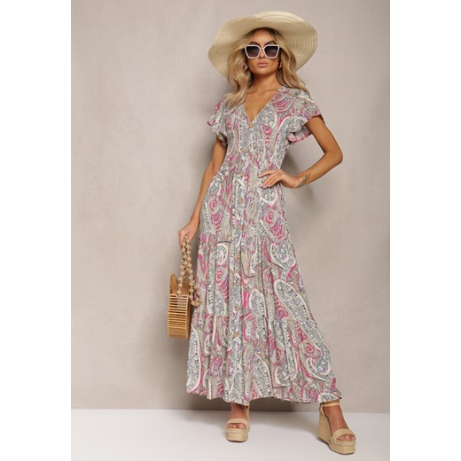 Różowo-Beżowa Rozkloszowana Sukienka Maxi na Guziki Ozdobiona Etnicznym Wzorem Kleriala ze sklepu Renee odzież w kategorii Sukienki - zdjęcie 170131028