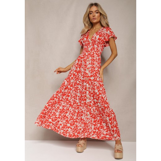 Czerwona Sukienka z Gumką w Pasie w Kwiatowy Wzór z Ozdobnymi Guzikami Ellsa ze sklepu Renee odzież w kategorii Sukienki - zdjęcie 170131038