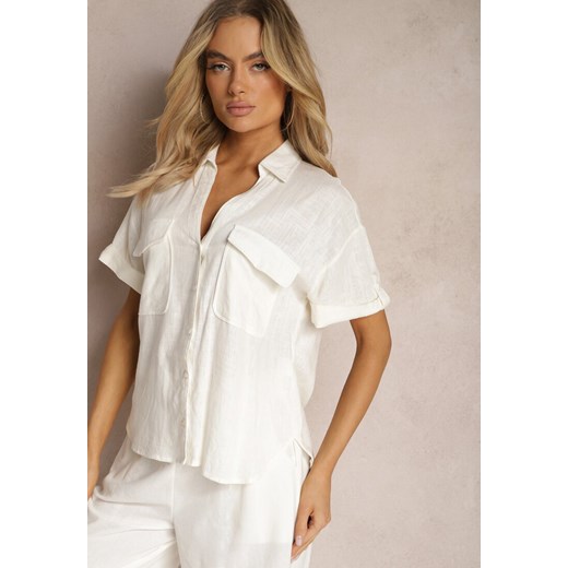 Biała Bawełniana Koszula z Lnem o Klasycznym Fasonie Leontia Renee M okazyjna cena Renee odzież