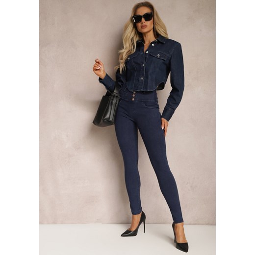 Granatowe Spodnie Jeansowe z Talią Paper Bag Zapinaną na Guziki Quelisa ze sklepu Renee odzież w kategorii Spodnie damskie - zdjęcie 170131215