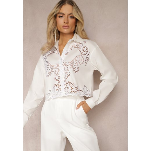Biała Krótka Koszula z Bawełny Ozdobiona Ażurowymi Wstawkami Nunora ze sklepu Renee odzież w kategorii Koszule damskie - zdjęcie 170131268