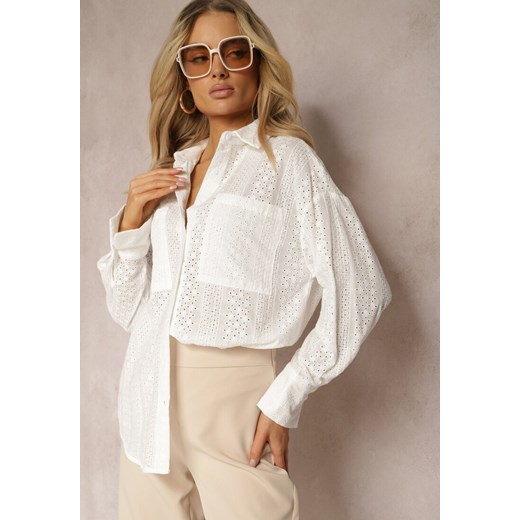 Biała Koszula z Wiskozy Luźna z Ażurowymi Zdobieniami Assentima ze sklepu Renee odzież w kategorii Koszule damskie - zdjęcie 170131325