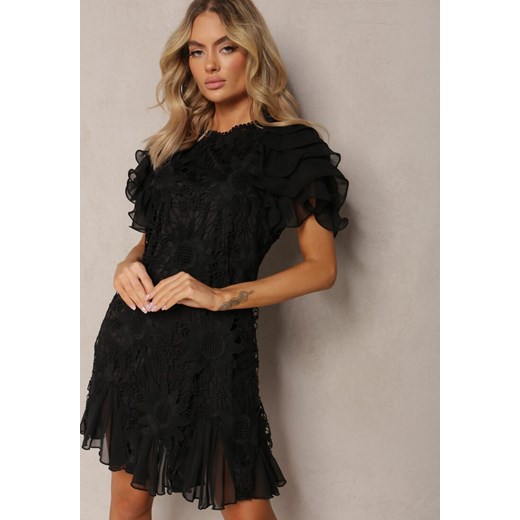 Czarna Sukienka Dopasowana Mini z Koronką i Falbankami Offiamea ze sklepu Renee odzież w kategorii Sukienki - zdjęcie 170131335
