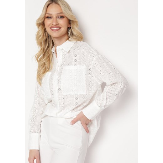 Biała Wiskozowa Koszula w Ażurowy Wzór Asaimes ze sklepu Born2be Odzież w kategorii Koszule damskie - zdjęcie 170132019