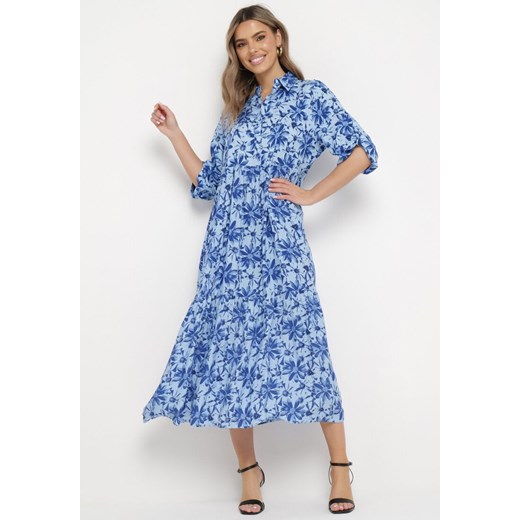 Niebiesko-Granatowa Sukienka Maxi w Kwiatowy Wzór z Koszulową Górą Lithaia ze sklepu Born2be Odzież w kategorii Sukienki - zdjęcie 170139809