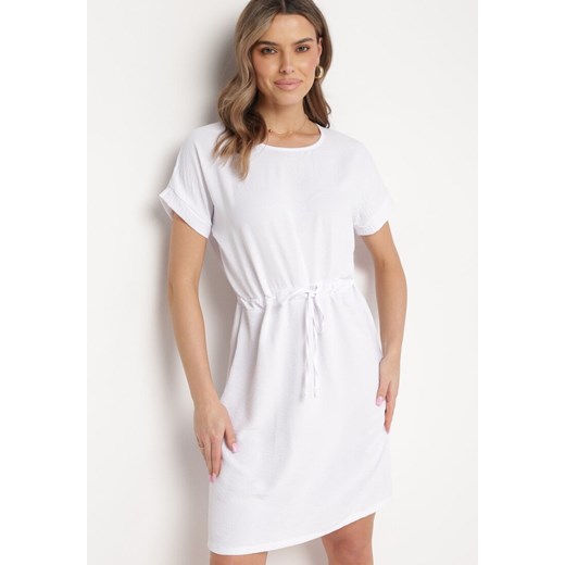 Biała Sukienka Mini z Krótkim Rękawem Ściągana w Pasie Troczkami Bellisant ze sklepu Born2be Odzież w kategorii Sukienki - zdjęcie 170139998