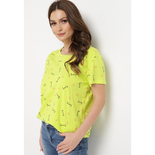 Jasnozielony Bawełniany T-shirt w Drobny Print Asdara ze sklepu Born2be Odzież w kategorii Bluzki damskie - zdjęcie 170140139