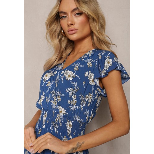 Niebieska Kopertowa Sukienka Letnia z Bawełny w Kwiaty Ilivanna Renee M okazyjna cena Renee odzież