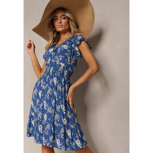 Niebieska Kopertowa Sukienka Letnia z Bawełny w Kwiaty Ilivanna Renee L promocja Renee odzież