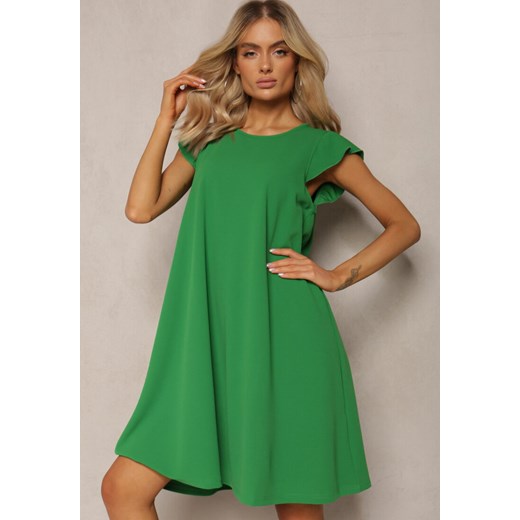 Zielona Sukienka Mini o Trapezowym Kroju z Falbanką i Okrągłym Dekoltem Dagnera ze sklepu Renee odzież w kategorii Sukienki - zdjęcie 170140386