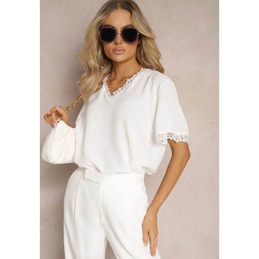 Biała Bluzka z Wykończeniami z Koronki i Dekoltem V Mallana ze sklepu Renee odzież w kategorii Bluzki damskie - zdjęcie 170140716