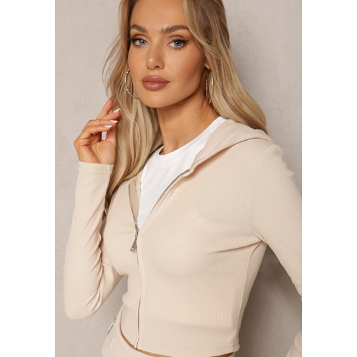 Beżowy Prążkowany Komplet Dresowy z Krótką Zasuwaną Bluzą i Spodniami Dzwonami Renee ONE SIZE promocja Renee odzież